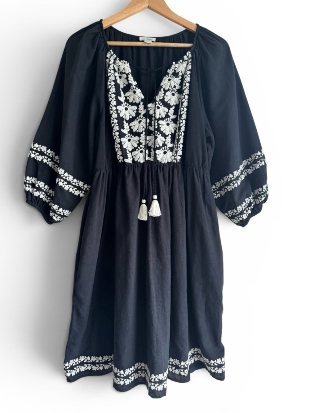Sundance Black Embroidered Boho Peasant Dress Cotton Linen Size Small